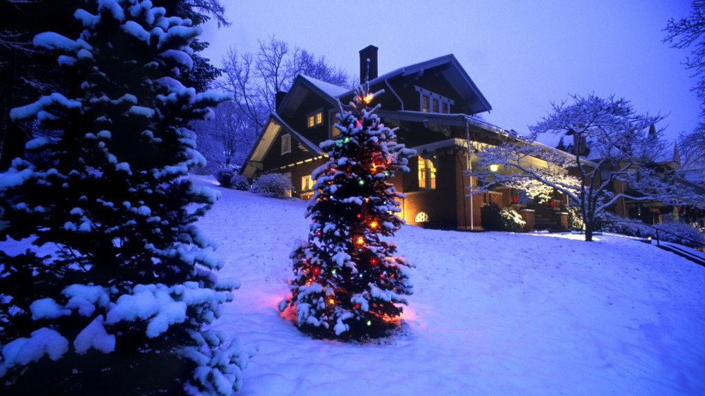 Christmas scene at a cabin in the mountains