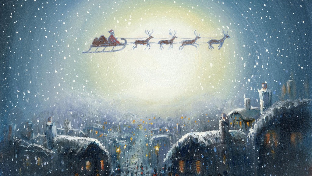 Santa in his sleigh above a down by the moonlight