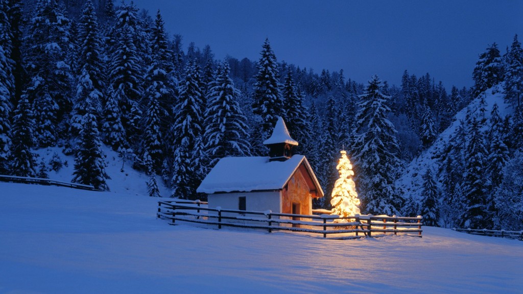 Christmas scene with a cabin in the woods